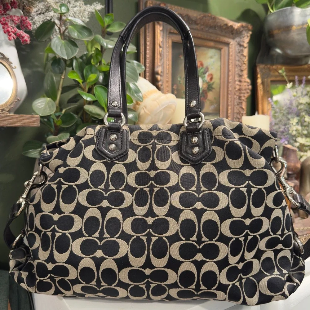 Coach Ashley Signature Satchel Black Grey Jacquard Leather Handbag F19244